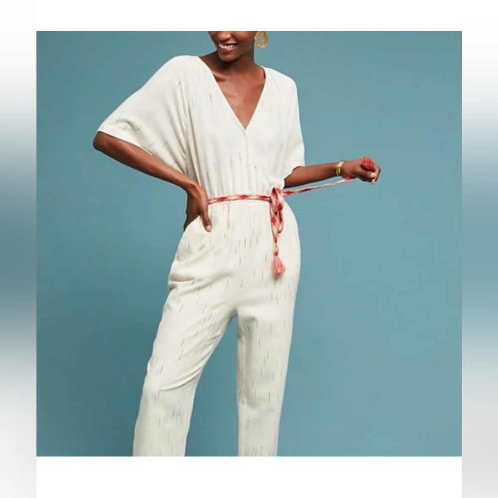 Anthropologie Feather Bone Cream Short Sleeve Jumpsuit